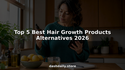 Woman comparing hair growth products at home vanity