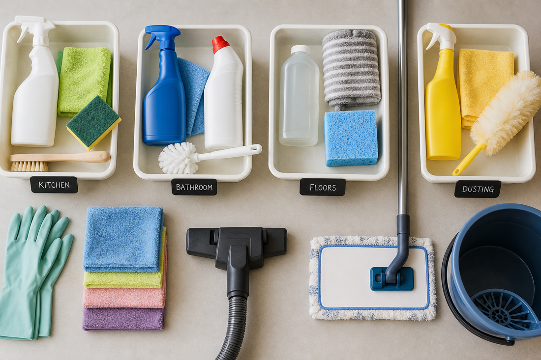 Household cleaning supplies arranged on a surface, including cloths, spray bottles, brushes, gloves, and a mop head.