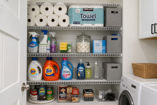 Organized shelves with paper goods, cleaning supplies, pantry items, and batteries