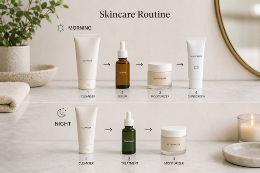 Skin care products arranged in order for morning and night routines on a bathroom counter.
