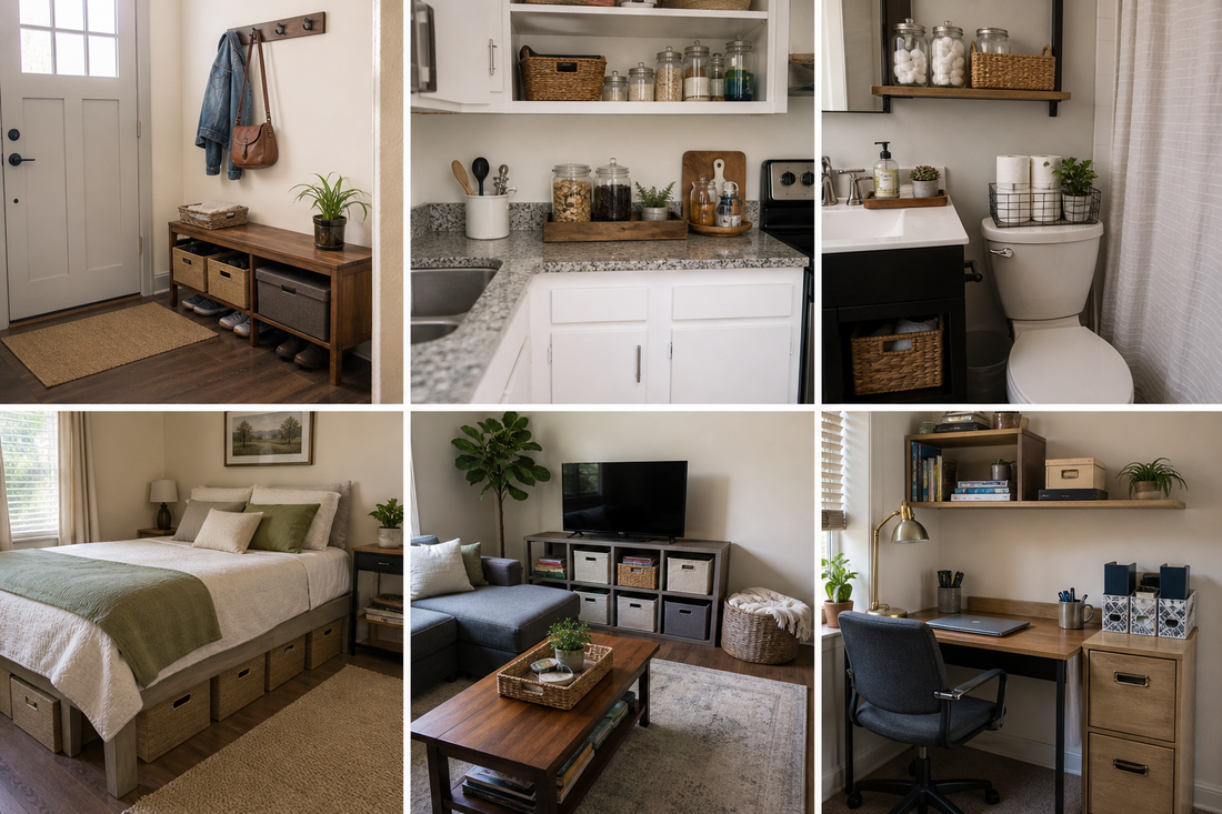 A tidy home with several rooms organized using simple containers and minimal storage products.
