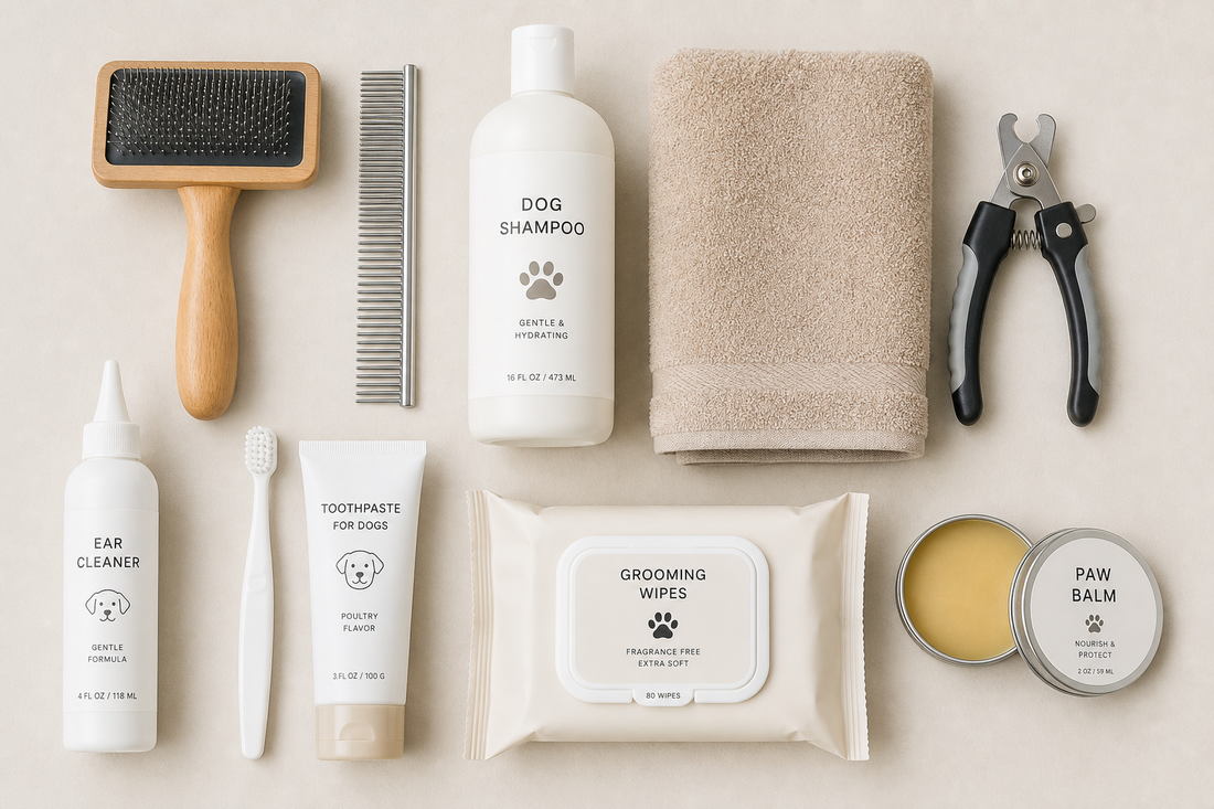 Dog grooming tools laid out on a table including a brush, comb, shampoo, towel, nail clippers, ear cleaner, toothbrush, toothpaste, wipes, and paw balm.