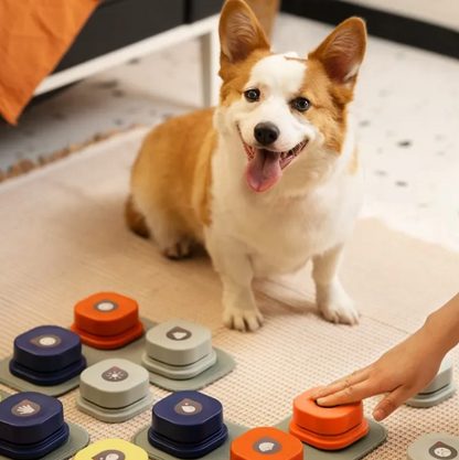A smiling corgi sits next to colorful pet communication buttons on a mat, with a hand about to press an orange button.