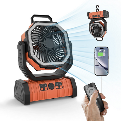 Multi-functional orange camping fan with LED light, adjustable speeds, and power bank, shown with smartphone charging.