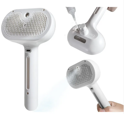 White pet hair spray brush with textured bristles and a built-in water tank for easy fur removal.