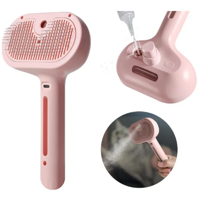Pink pet hair spray brush with fine bristles and built-in water tank for easy grooming and fur removal.