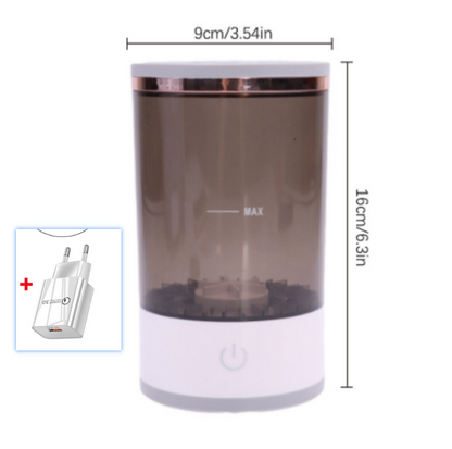 Rechargeable Makeup Brush Cleaner with a sleek design, featuring a transparent body, white base, and rose gold trim.