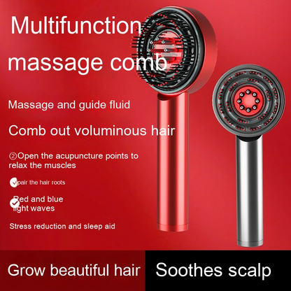 Red and silver multifunction comb scalp massager with flexible bristles for relaxation and promoting blood circulation.