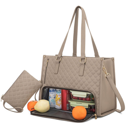 Women's Insulated Lunch Bag in beige with quilted design, featuring a spacious compartment and a small matching pouch.