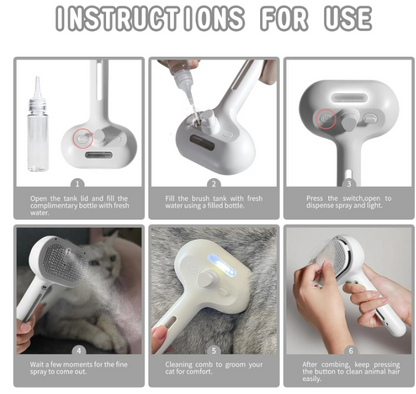 Spray brush for pets in white with a built-in water tank, designed to remove shedding hair while grooming.
