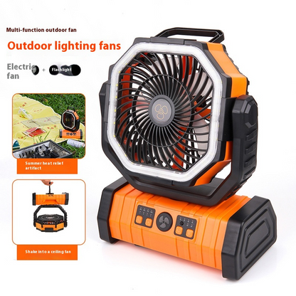 Multi-functional outdoor fan with a black and orange design, featuring a hexagonal shape, LED light, and control buttons.
