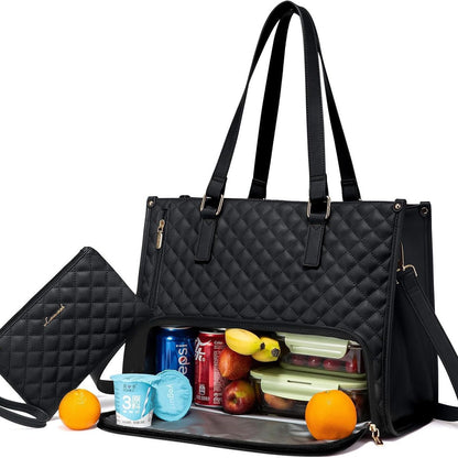 Stylish black insulated lunch bag with a quilted design, featuring a spacious compartment holding food containers and drinks.