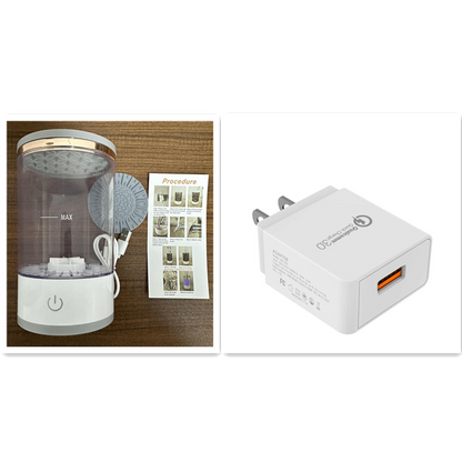 Rechargeable Makeup Brush Cleaner with a clear container, white base, and accessories for easy cleaning and drying of brushes.