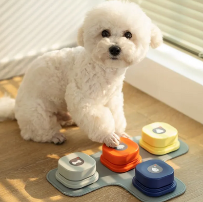 Fluffy white dog interacting with colorful pet communication buttons on a mat, showcasing orange, gray, blue, and yellow options.