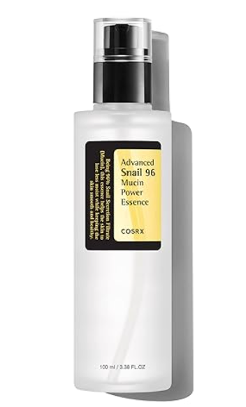 Clear bottle with a black pump, labeled "Advanced Snail 96 Mucin Power Essence," featuring a white and yellow design.