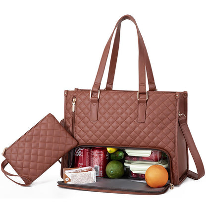 Brown insulated lunch bag with quilted pattern, spacious compartment, and extra pocket, showcasing drinks and fruits inside.