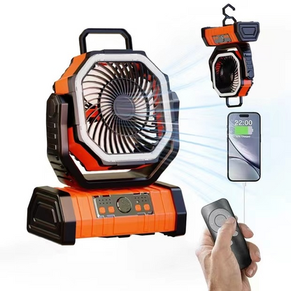 Multi-functional outdoor power bank fan in orange, featuring an adjustable fan, LED light, and remote control capability.