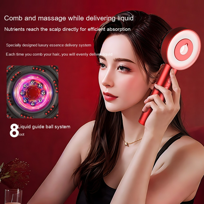 Scalp massager with soft bristles in red, designed for combing and liquid application, held by a model with long hair.