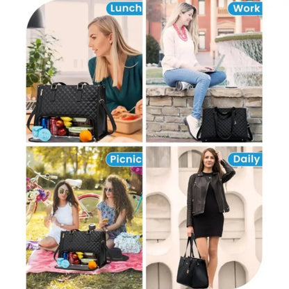 Stylish black insulated lunch bag with a quilted texture, shown in various settings for work, lunch, picnics, and daily use.
