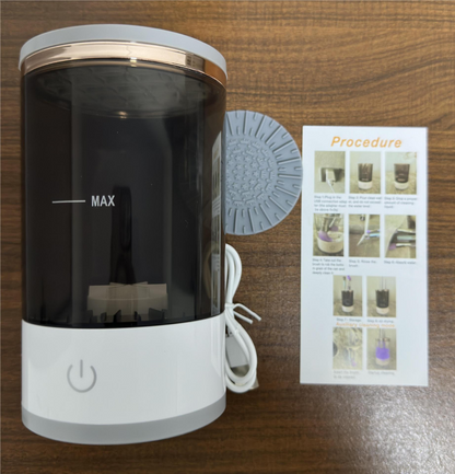 Rechargeable Makeup Brush Cleaner with ABS/PC/TPE body, black container, and a power button; includes cleaning procedure guide.