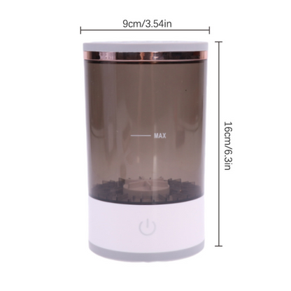Rechargeable Makeup Brush Cleaner with a sleek design, featuring a transparent body and a white base, measures 9cm by 16cm.