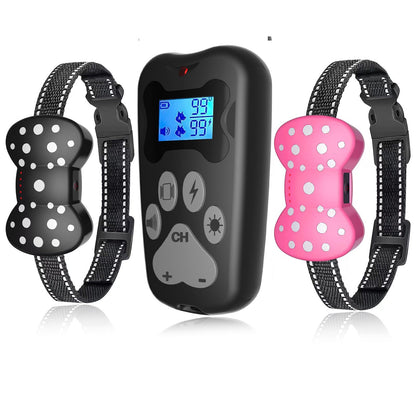 Rechargeable dog training collar set with two receivers, black and pink designs, adjustable nylon straps.