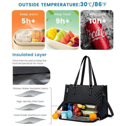 Stylish women's insulated lunch bag in black, featuring a spacious compartment and water-resistant fabric.