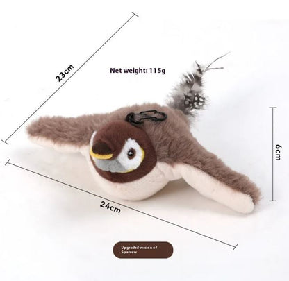 Plush flapping bird cat toy in brown and white, with feather tail and realistic features; USB rechargeable.