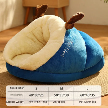 Cozy blue pet bed shaped like a slipper, featuring plush white interior and plush antler accents. Ideal for small pets.