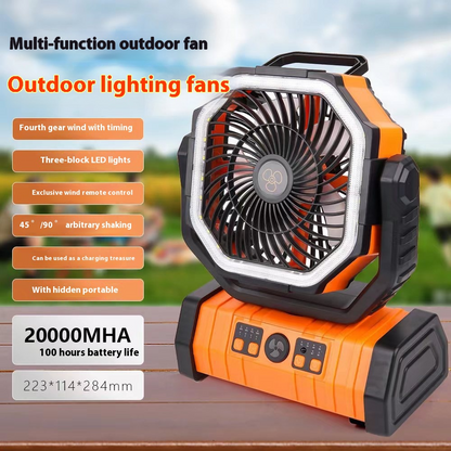 Multi-functional outdoor power bank and fan in orange and black, featuring adjustable fan speeds and LED lights.