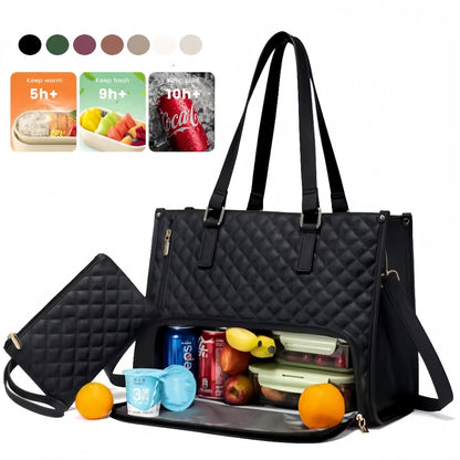 Stylish black insulated lunch bag with quilted texture, spacious compartment, and extra storage for a tablet.
