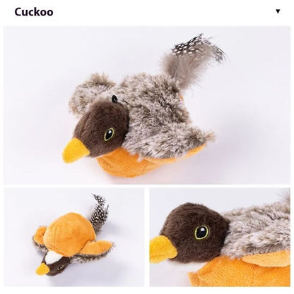 Flapping Bird Cat Toy with realistic flapping wings, featuring a brown and orange plush body and a fluffy tail.