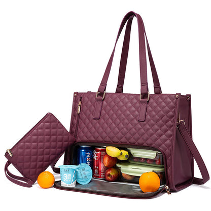 Stylish burgundy insulated lunch bag with quilted texture, spacious compartment holding snacks, and a detachable pouch.
