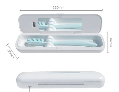 Portable UV Toothbrush Sterilizer in white with two blue toothbrushes inside, compact design, USB power port visible.