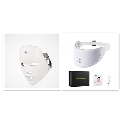 Sleek white LED facial mask with a smooth surface, designed for skin rejuvenation, shown alongside charging cable and box.
