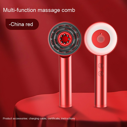 Red comb scalp massager with flexible bristles, circular massage head, and buttons for easy use.
