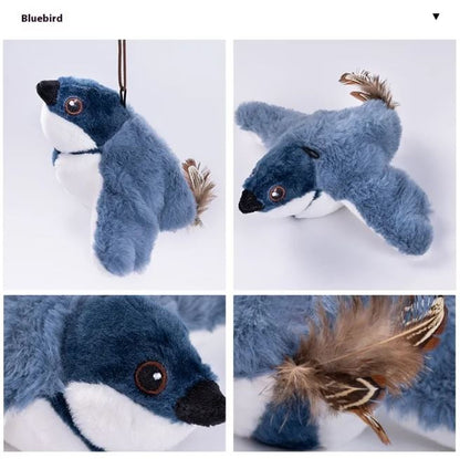 Flapping Bird Cat Toy in blue plush with white belly, features lifelike wings and brown tail feathers for playful interaction.