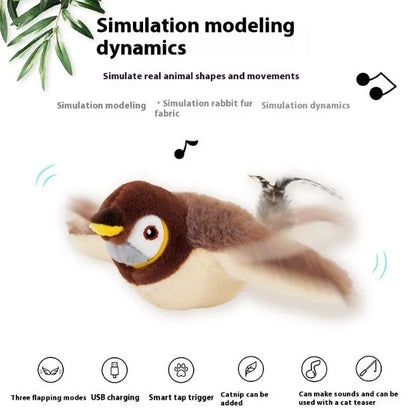 Flapping Bird Cat Toy featuring realistic flapping wings and soft brown fabric, designed for indoor cat entertainment.