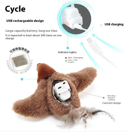 Flapping Bird Cat Toy features a plush, brown body with realistic wings for feline play. USB rechargeable design for ease.
