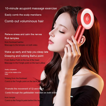 A woman with long brown hair holds a red comb scalp massager against her head, demonstrating its use.