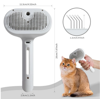 Pet Hair Spray Brush in white with a built-in water tank; shown in use while grooming a fluffy orange cat.