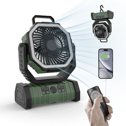 Outdoor Household Power Bank LED Light Camping Fan in army green, featuring a hexagonal design, adjustable fan speed, and LED light.