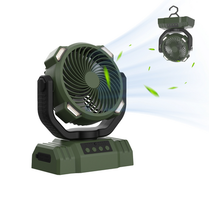 Multi-functional camping fan in army green with adjustable airflow, LED lights, and a sturdy base for stability.