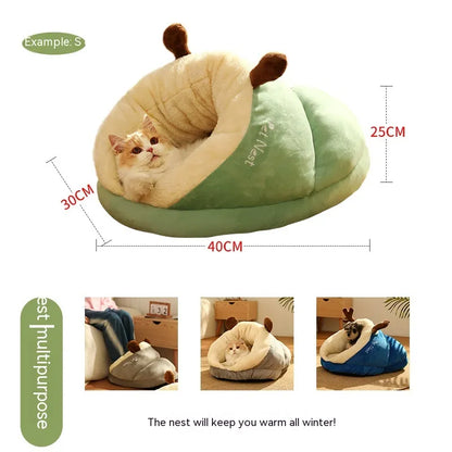 Cozy green pet bed shaped like a slipper, featuring a soft, plush interior and cute antler accents for small dogs or cats.