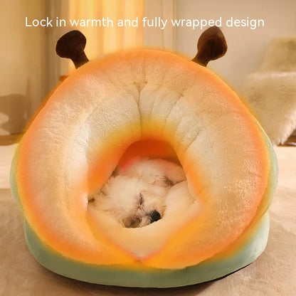 Cozy pet bed shaped like a slipper, featuring soft plush materials in pastel colors, with a semi-enclosed design.