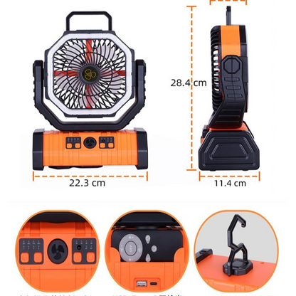 Outdoor household power bank LED camping fan in bright orange, featuring an adjustable fan with three speeds, built-in LED light, and USB port.