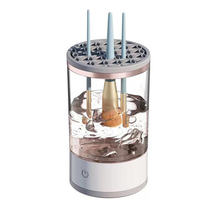 Rechargeable Makeup Brush Cleaner in clear container with water; features blue cleaning hooks and a soft bristle brush.