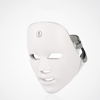 White LED facial mask with openings for eyes and mouth, featuring an adjustable strap and a touch control icon.