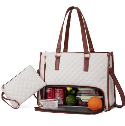Stylish insulated lunch bag in cream with brown accents, featuring a spacious compartment filled with items and a matching pouch.