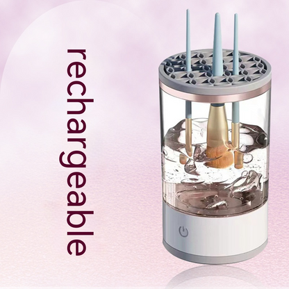Rechargeable Makeup Brush Cleaner with a transparent body, rotating brushes in cleaning solution, and a sleek design.